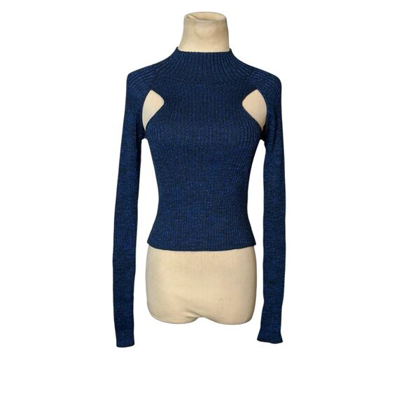 Open Edit Metallic Blue Knit Sparkly Cutout Long Sleeves Sweater Size Small - Picture 6 of 11